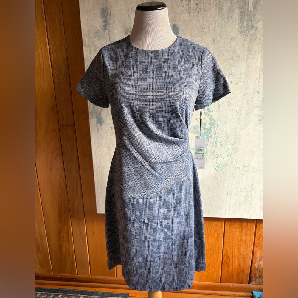 Calvin Klein Blue Plaid Short Sleeve Mini Dress